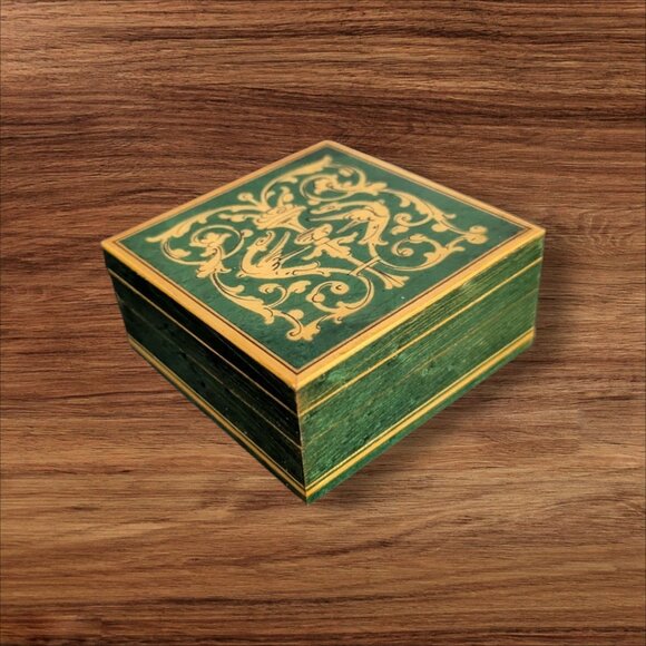 Italian Handcrafted Wooden Trinket Box Green & Gold Floral Design Vintage Decor - Picture 2 of 9